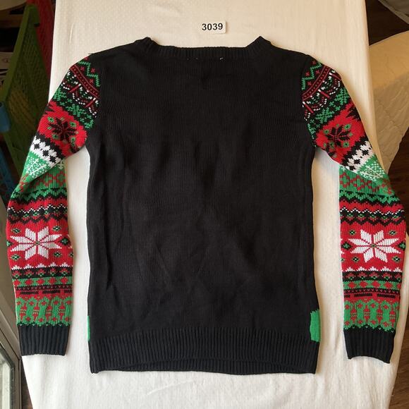 No Boundaries Women Sweatshirt M (7-9) Black Fair Isle Santa Christmas Tree - Picture 7 of 10